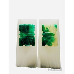 20th Century Green Onyx Bookends Jade Carved Head Azteca Mayan